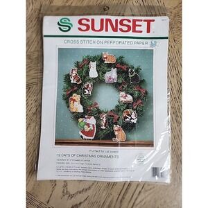 Sunset 12 Cats of Christmas Ornaments Counted Cross Stitch Kit Vintage 1990